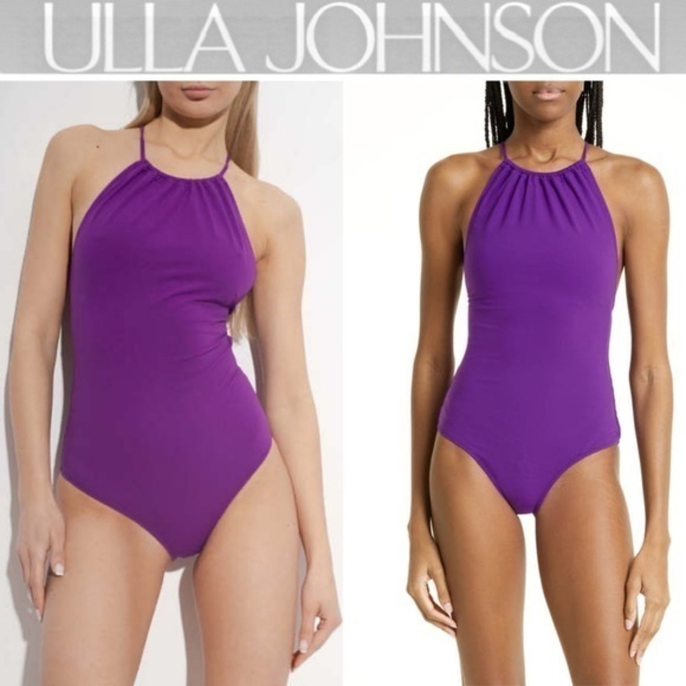 ULLA JOHNSON Odelia Halter Low Back One-Piece Swimsuit in Cassis Purple XS NWT